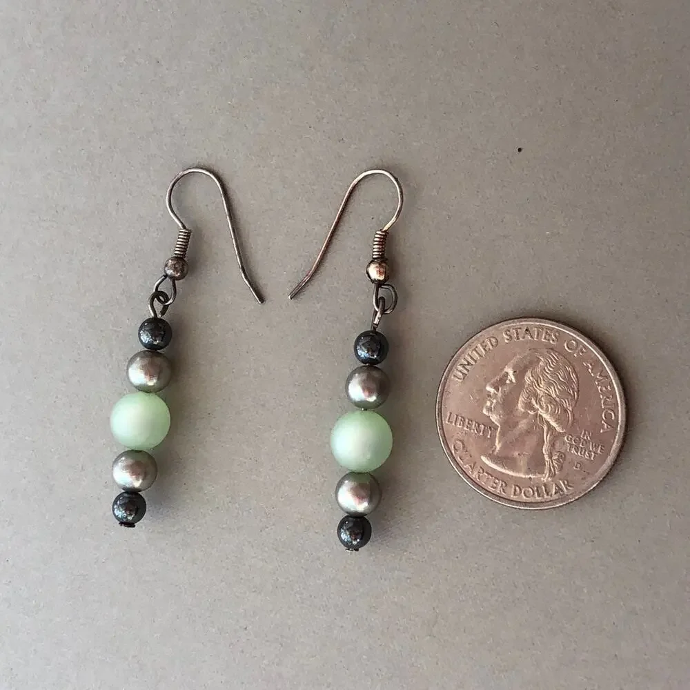 Green and Gray Dangle Statement Earrings Hook Faux Pearls Upcycled Handmade Gift